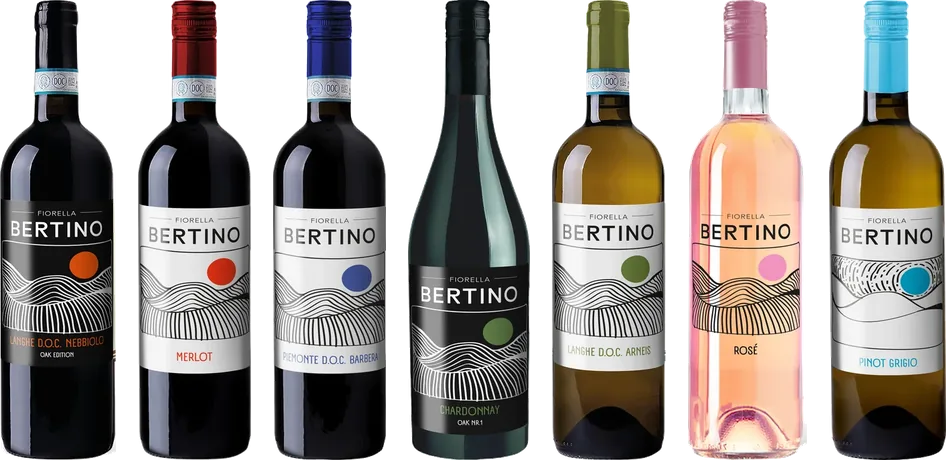Le sette bottiglie della linea Sole, dal Nebbiolo al Pinot Grigio